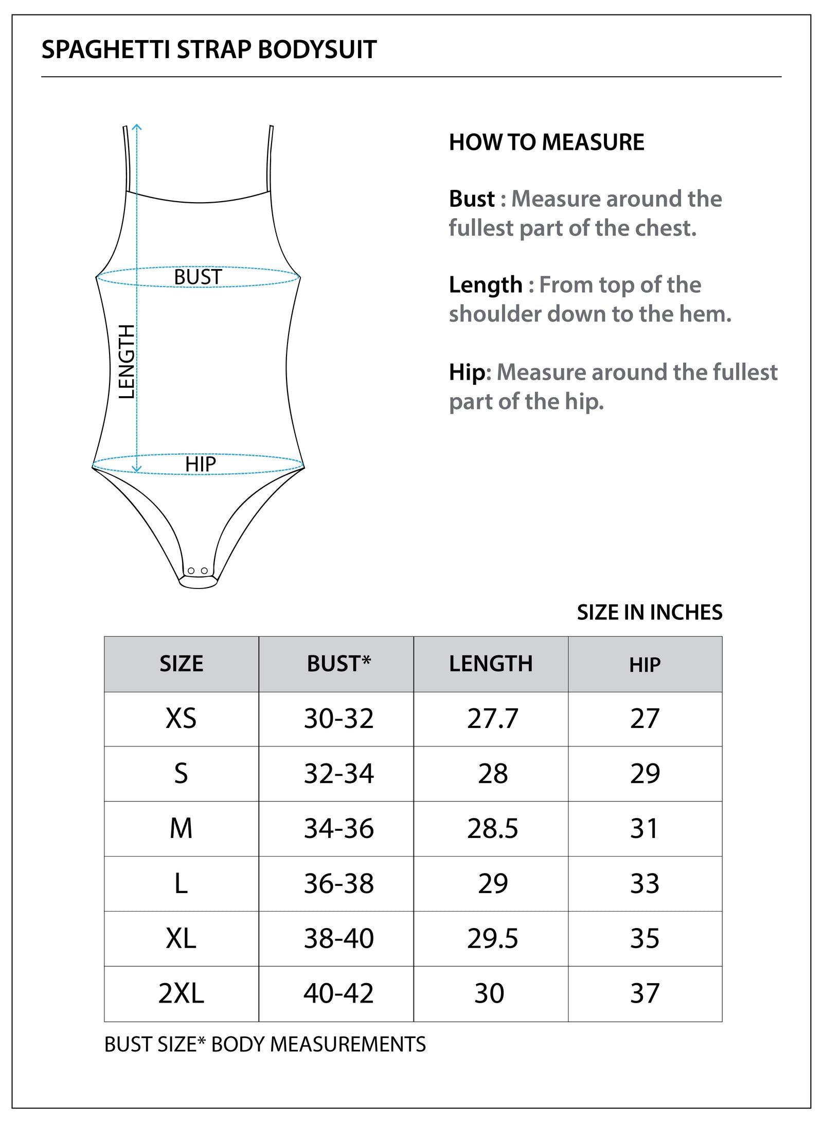 Size chart for Spaghetti Strap Bodysuit ||Womens||
