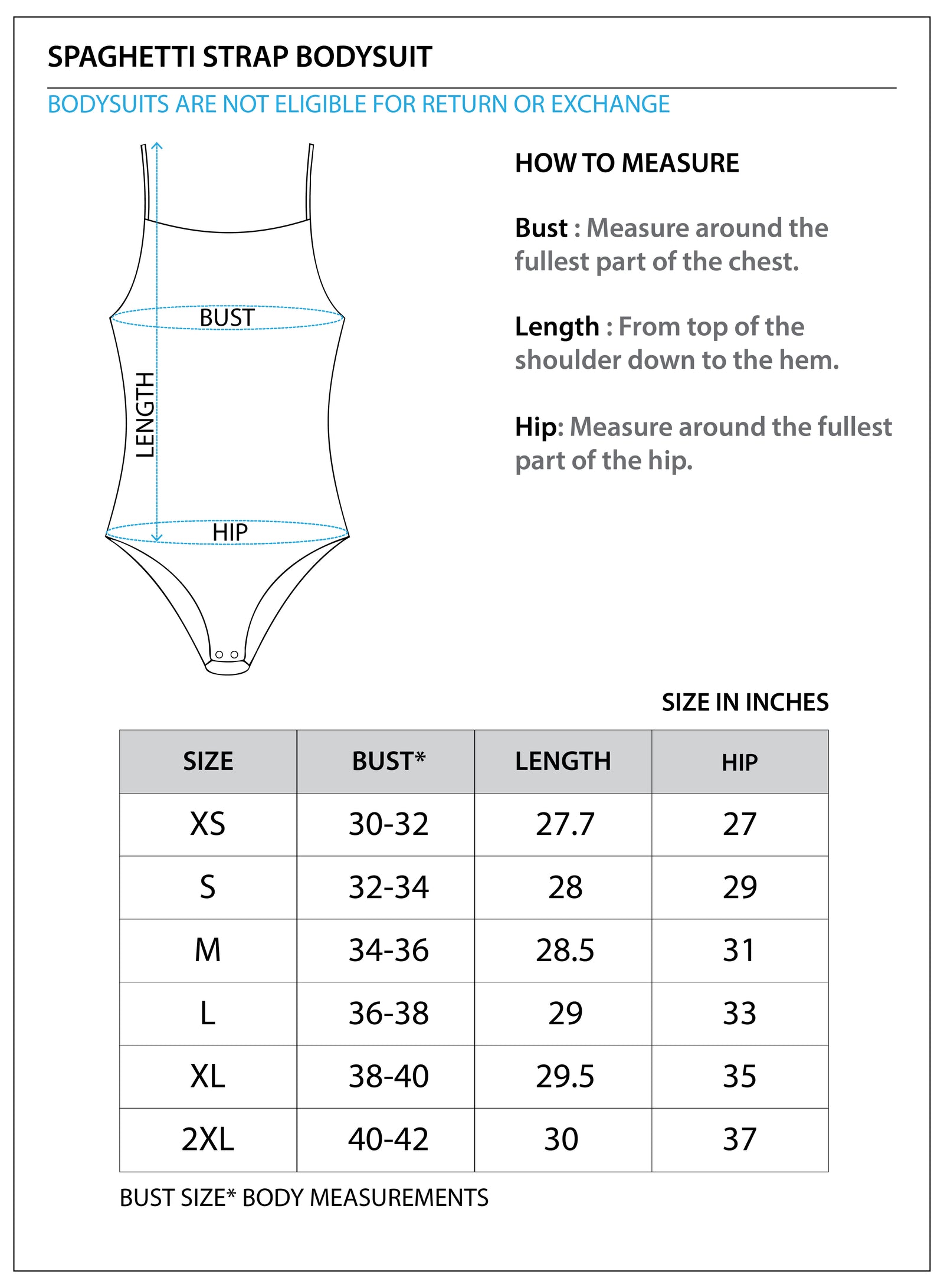 Size chart for Spaghetti Strap Cotton Bodysuit