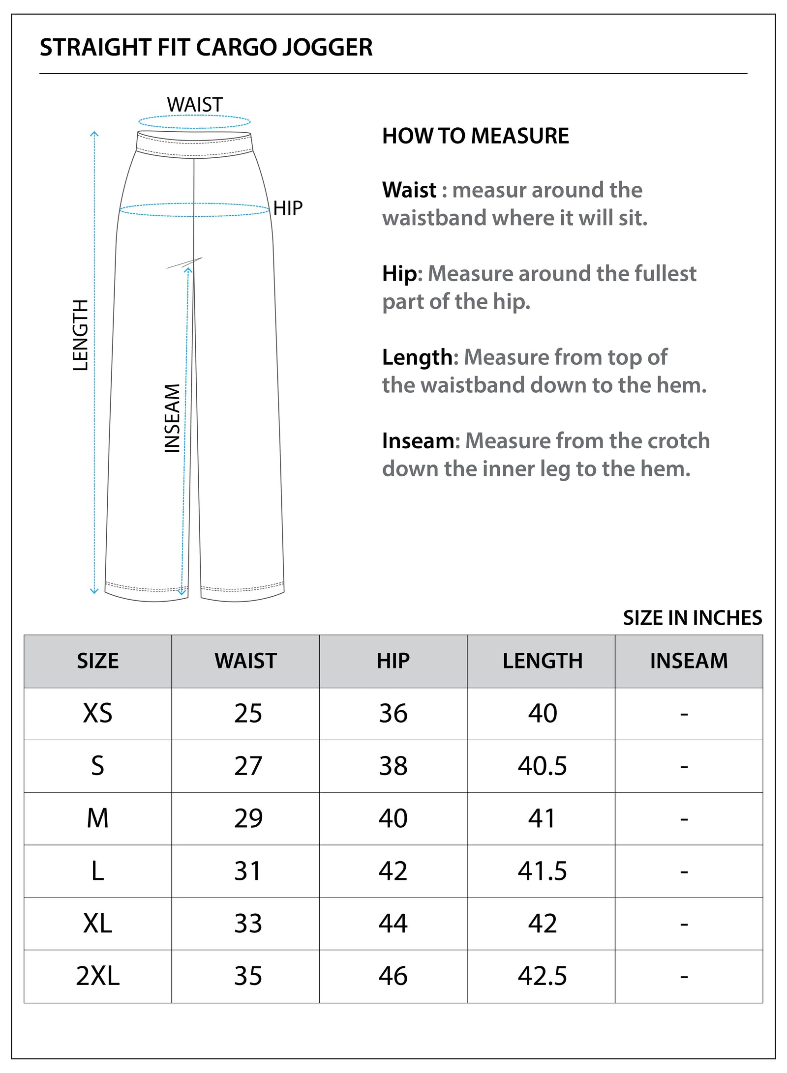 Size chart for Straight Fit Cargo Joggers