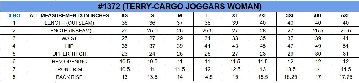 Size chart for Cargo Joggers||Womens||Oneway