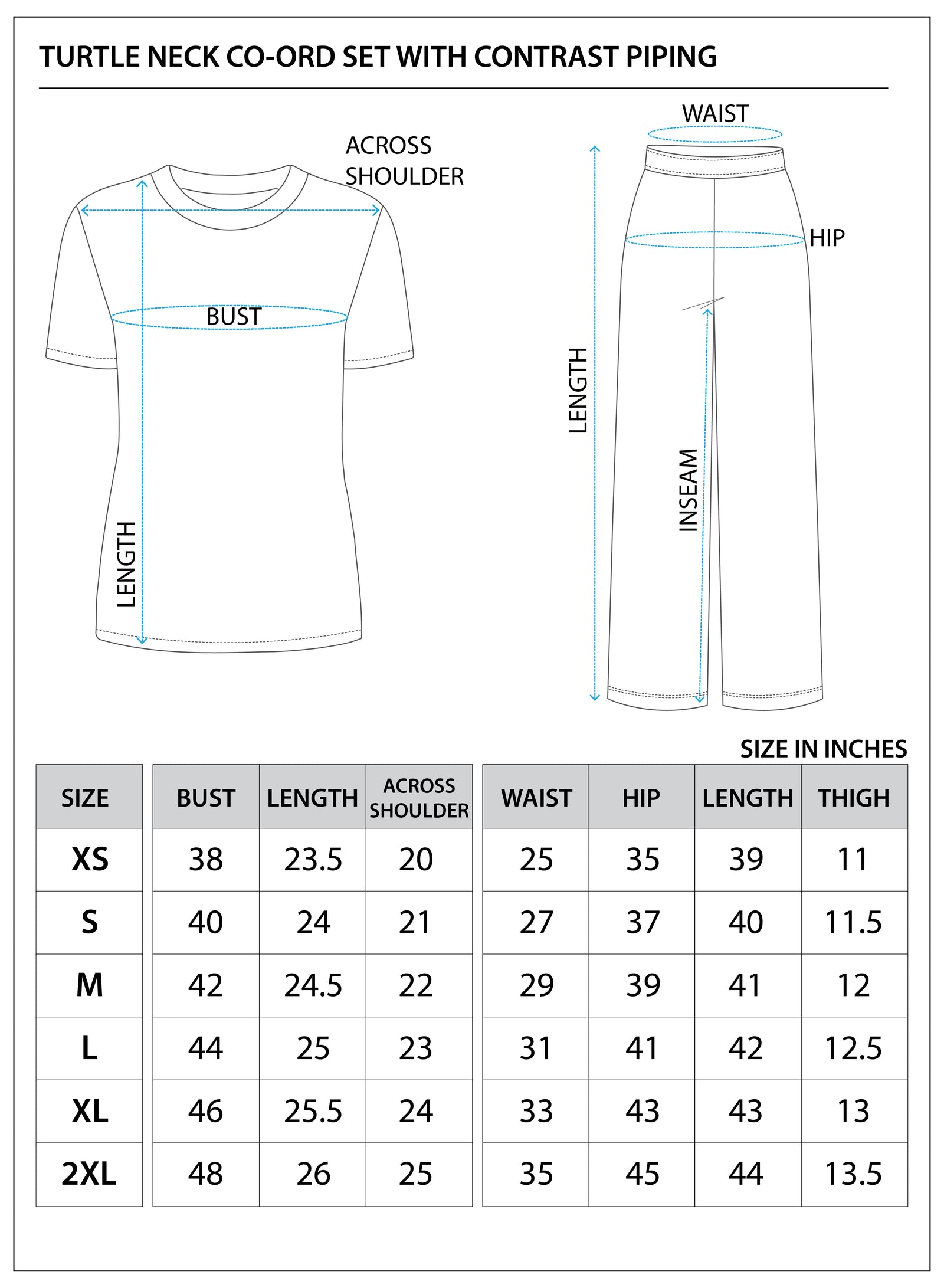Size chart for High Neck Linear Piping Co-Ord Set