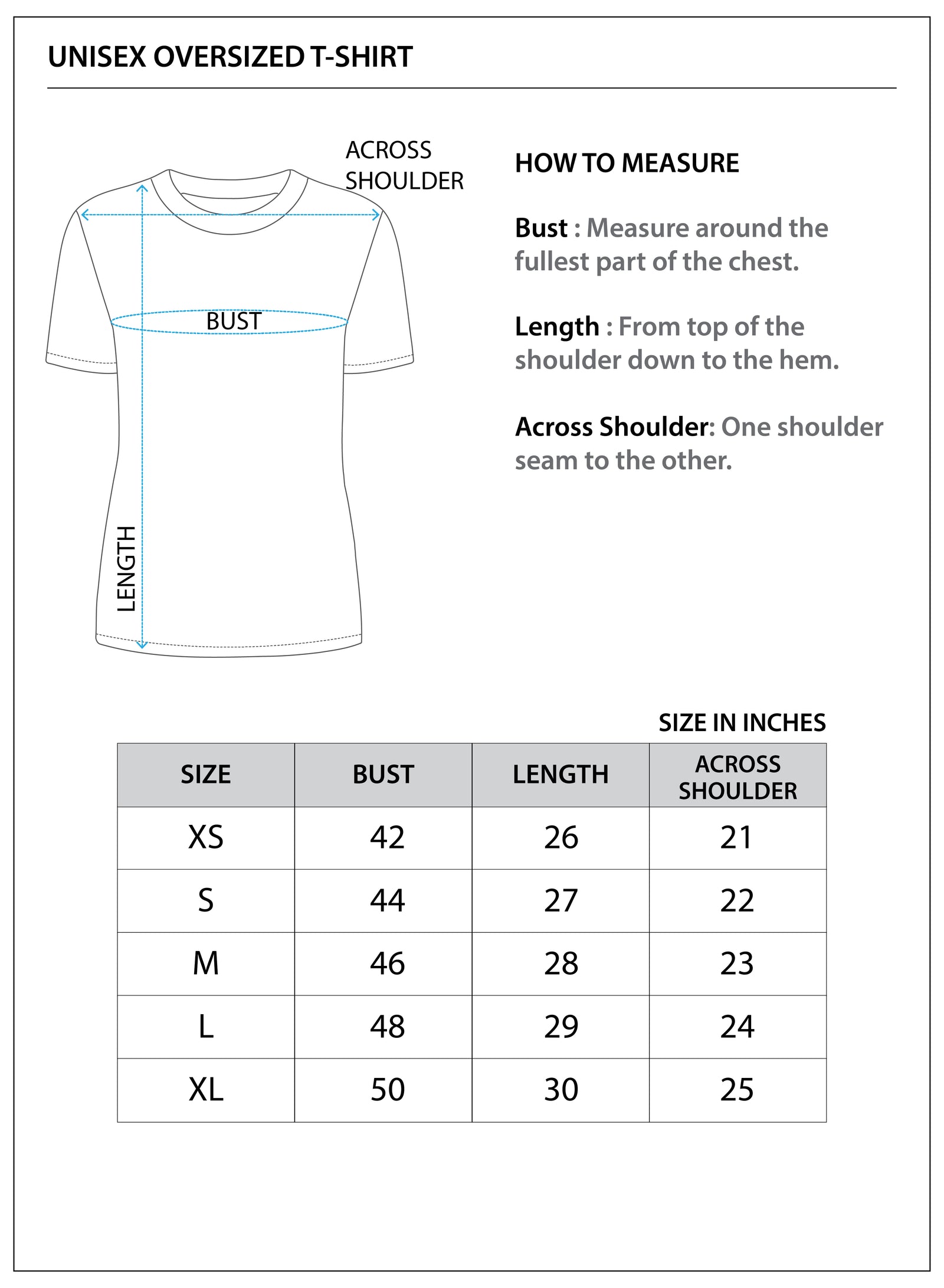 Size chart for Unisex Oversized T-Shirt