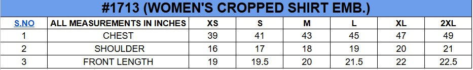 Size chart for Cropped Embroidered Shirt||Womens||Oneway
