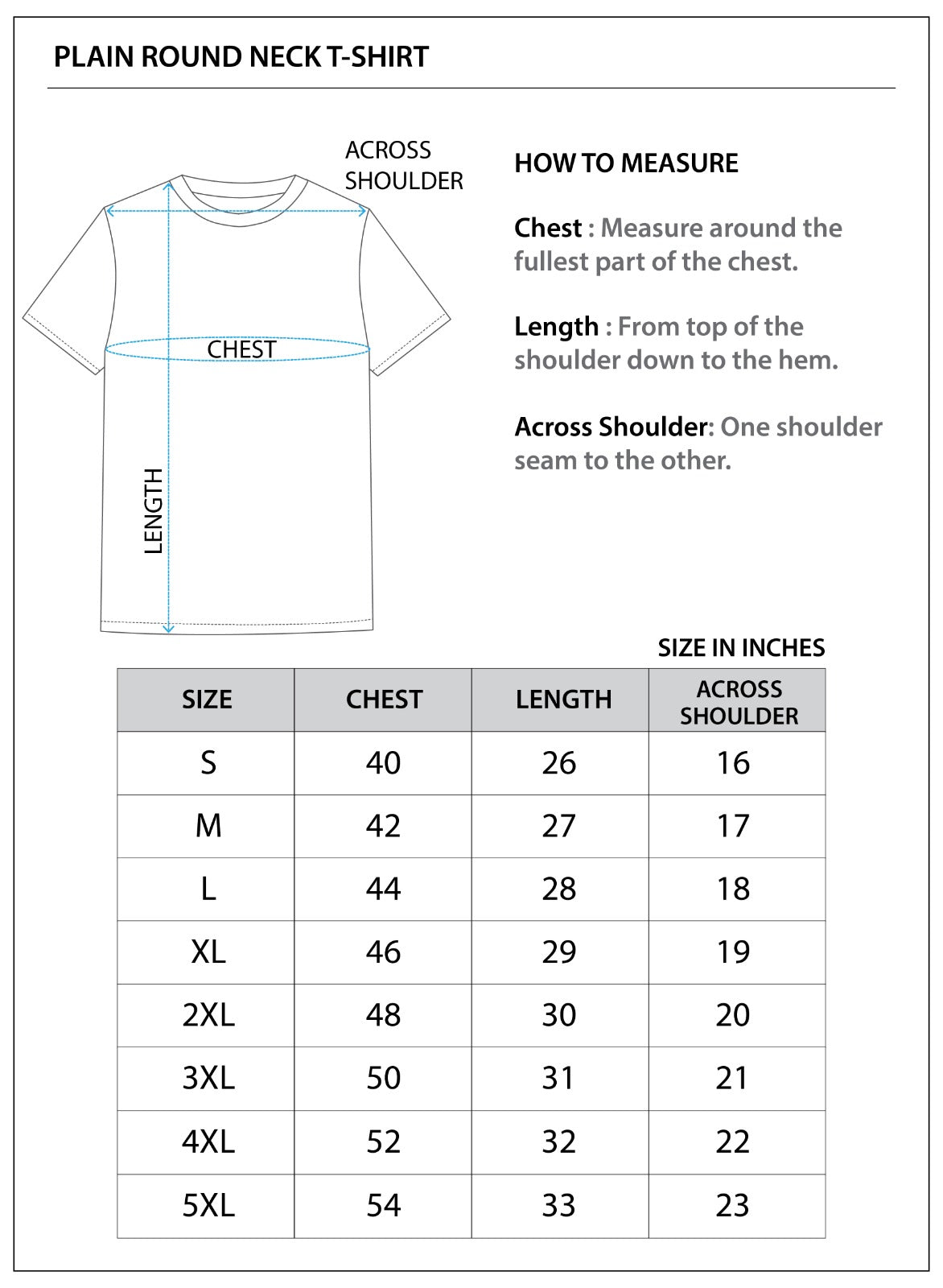 Size chart for ROUND NECK BASIC TSHIRT | 100% cotton