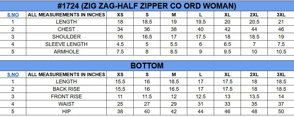 Size chart for Half Zip Co-ord Set||Womens||