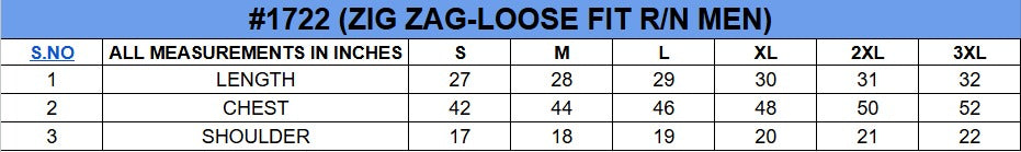 Size chart for Loose Fit T-Shirt||Mens||Oneway