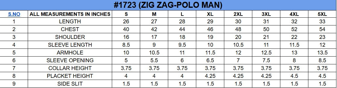 Size chart for Textured Classic Polo||Men's||100% Cotton