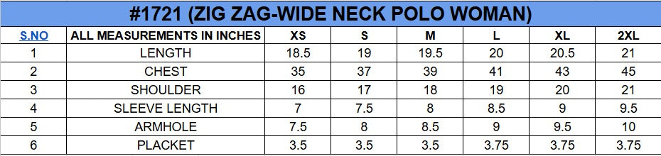 Size chart for Wide Neck Polo||Womens||